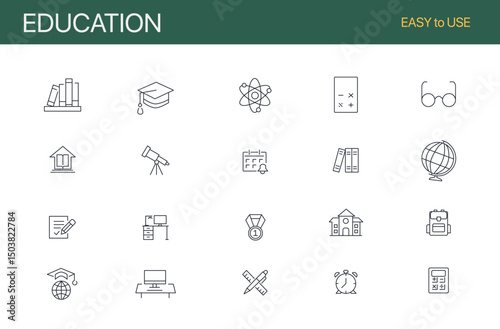 Education set of web icons in line style. Learning icons for web and mobile app. E-learning, video tutorial, knowledge, study, school, university, webinar, online education. Vector illustration
