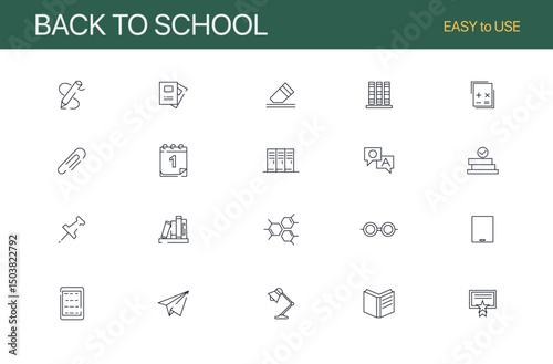 Set of 45 line icons related to back to school, education, learning, school. Outline icon collection. Editable stroke. Vector illustration.
