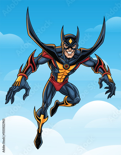 A vibrant cartoon illustration of a superhero flying through a cloudy blue sky, depicting strength and dynamism