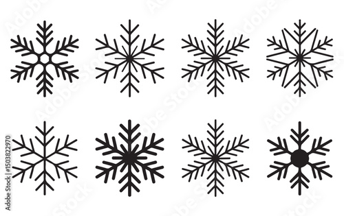 Collection of Stylized Snowflake Icons - Black Silhouettes on White Background