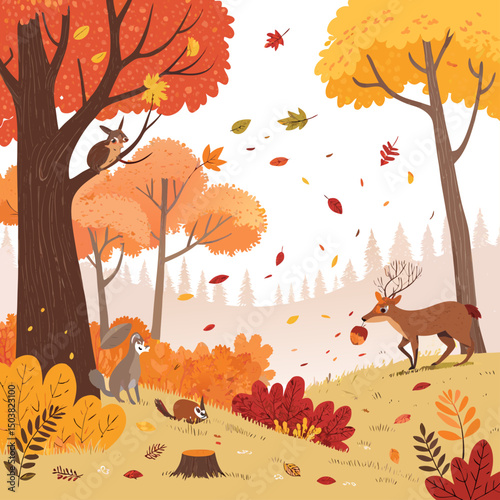 Create a bold-stroke vector illustration of a whimsical 2D cartoon autumn scene.  Include vibrant fall foliage and cute cartoon animals.