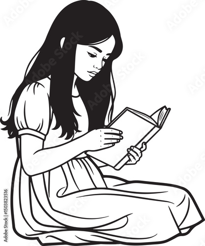 A peaceful black and white line art illustration of a girl sitting and deeply engrossed in a book