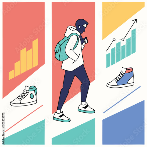 Young man walking with backpack and sneakers