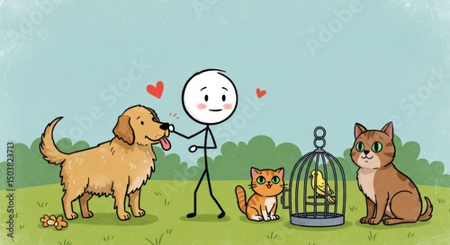 Charming illustration showcasing a stick figure surrounded by adoring animal companions