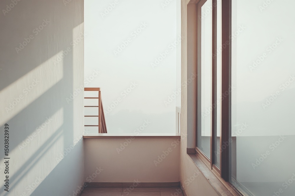 Fototapeta premium Modern minimalist balcony with panoramic view and natural lighting