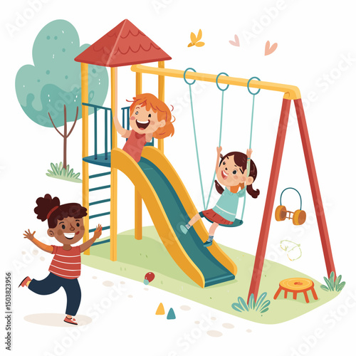 Create a bold-stroke vector illustration of a 2D cartoon child playing in a vibrant park scene.  Include detailed scenery and playful expressions.