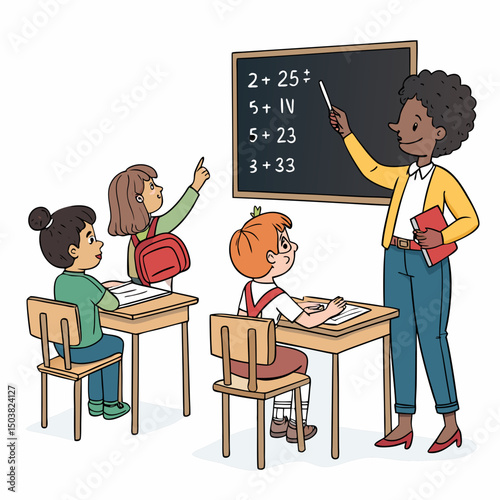 Create a bold-stroke vector illustration of a 2D cartoon classroom scene, showing students and a teacher.  Include desks, books, and blackboard.