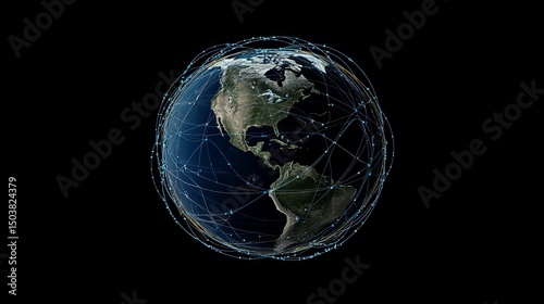 Globe with network connections and black background showcasing global connectivity and technology