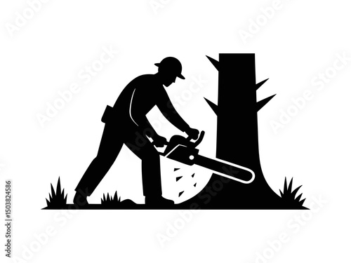 Lumberjack cutting tree with chainsaw silhouette isolated on transparent background