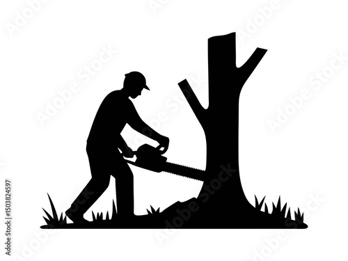 Lumberjack cutting tree with chainsaw silhouette isolated on transparent background