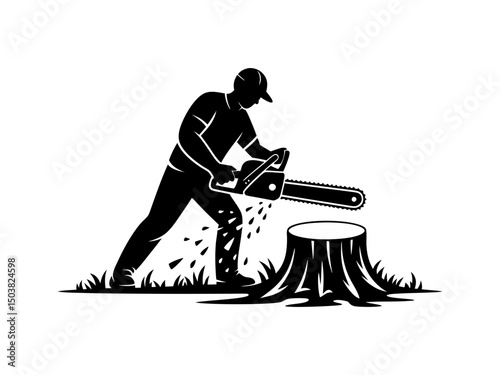 Lumberjack cutting tree with chainsaw silhouette isolated on transparent background