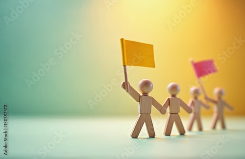 Wooden figures holding flags. Leadership concept. Team follows leader. Goal achievement. Teamwork, unity, success, inspiration. Following leader. Following direction. New business start up.