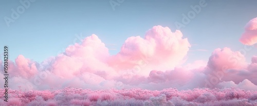 Dreamy Pastel Landscape: Pink Flowers and Fluffy Clouds