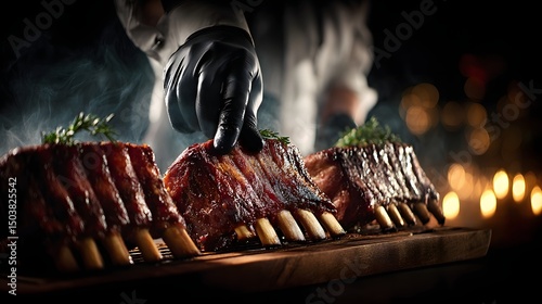 Glasierte Rippchen auf Schneidebrett mit Grillhandschuh – Edles Barbecue in Perfektion`` photo