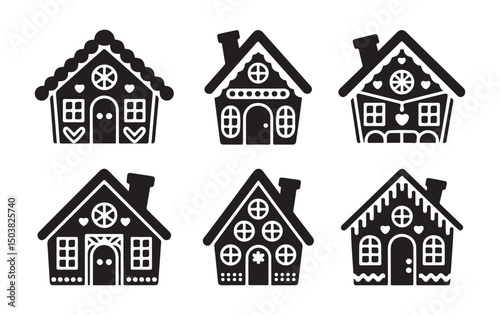 Collection of Black and White Gingerbread House Icons - Festive Christmas Decorations