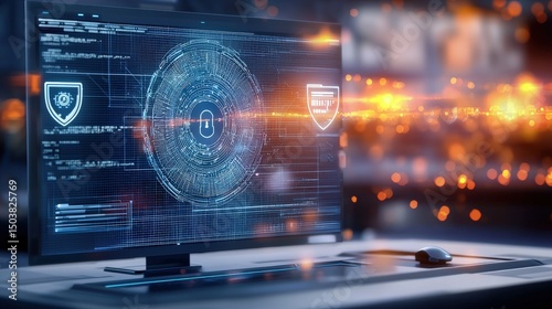 Cybersecurity measures in technology industry computer screen digital art urban environment close-up view data protection concepts