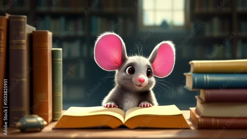 Mouse peeking from behind books in a quiet library