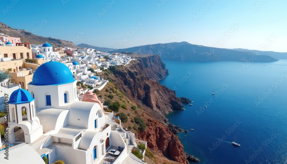 Fototapeta premium Scenic illustration of Santorini island with white buildings and blue domes. Traditional greek architecture, located on cliffside overlooking blue Aegean Sea. Popular travel destination.