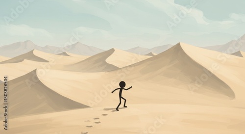 Stick figure trekking across the vast desert landscape in an artistic rendering