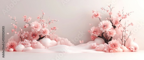 Dreamy Pastel Pink Cherry Blossom Floral Arrangement on Soft White Background