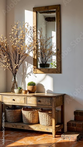 Rustic console table with decorative branches and mirror in daylight  