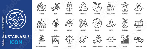 sustainability icon set collection in outline style. an icon pack contain pollution, ecology, green, eco, renewable, recycle, energy, planet, nature, cycle