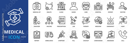 medical icon set collection in outline style. an icon pack contain medical kit, doctor, nurse, hospital, clinic, health, patient, x-ray, sanitizer, therapy