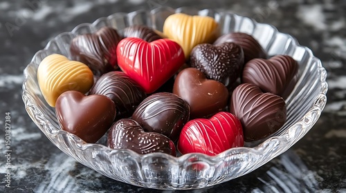 Chocolate Hearts in a Crystal Bowl - Closeup Photo