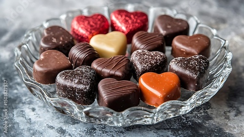 Assortment of Chocolate Heart Candies in Glass Bowl - Realistic Image