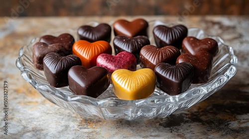 Assortment of Heart-Shaped Chocolates in Glass Bowl - Photo