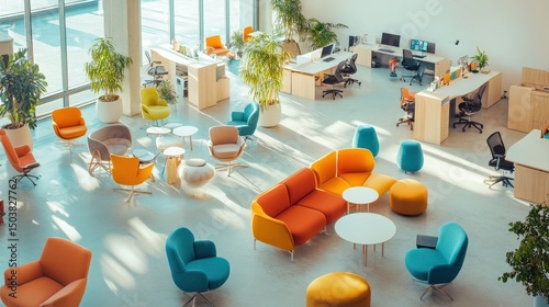 Modern office space with colorful furniture and bright natural lighting