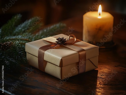Christmas Gift Box with Pine Branch and Candle - Realistic Image