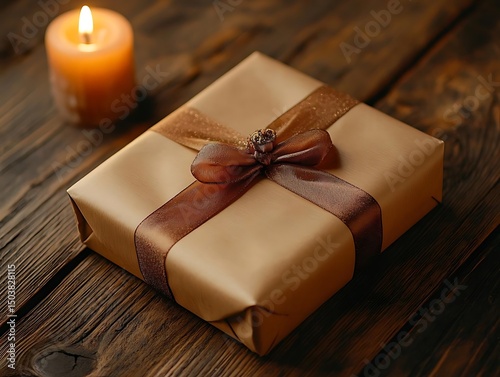 Gift Box with Brown Ribbon on Wooden Table - Realistic Image