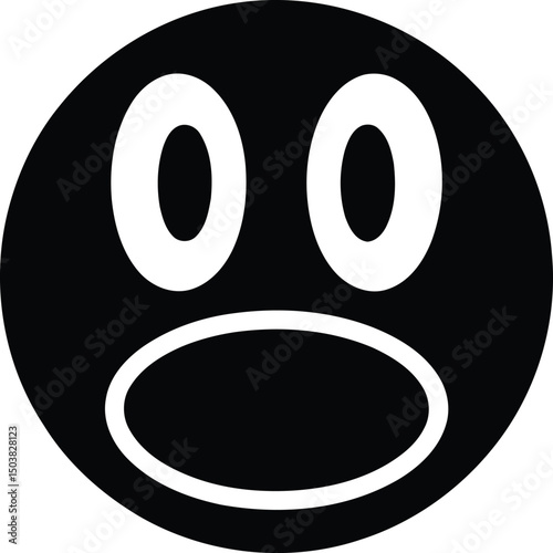 Surprised black emoji face simple digital illustration design featuring wide open eyes and mouth isolated on white background