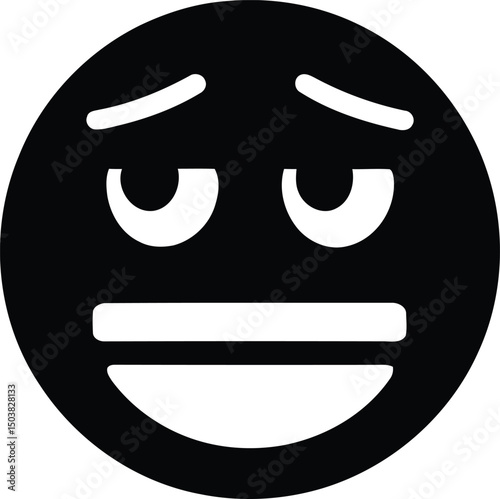 Minimalist black and white emoji expressing dissatisfaction with arched eyebrows and a horizontal mouth representation of frustration or mild annoyance