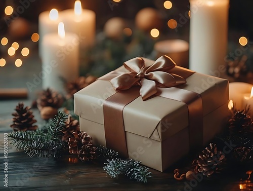 Christmas Gift Box with Candles and Pine Cones Illustration