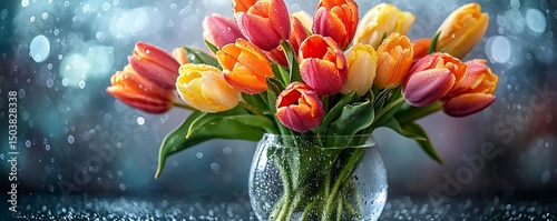 Colorful Tulips Bouquet in a Glass Vase with Water Drops - Photo