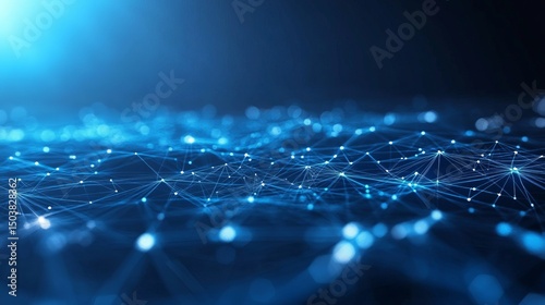 Abstract blue network with glowing nodes and connecting lines in a dark blue gradient background