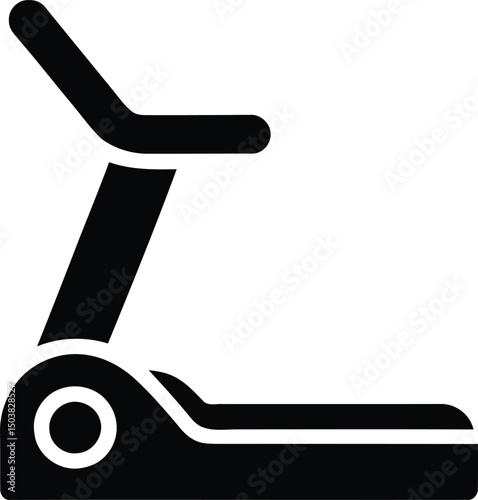 A bold minimalist black and white icon representation of a treadmill exercise machine perfect for health fitness and gym related concepts