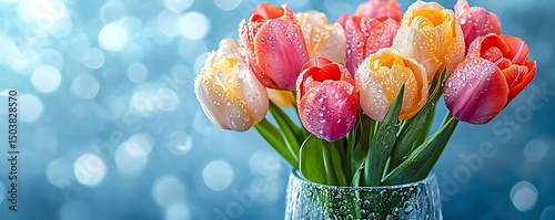 Colorful Tulips with Dew Drops in a Glass Vase - Photo