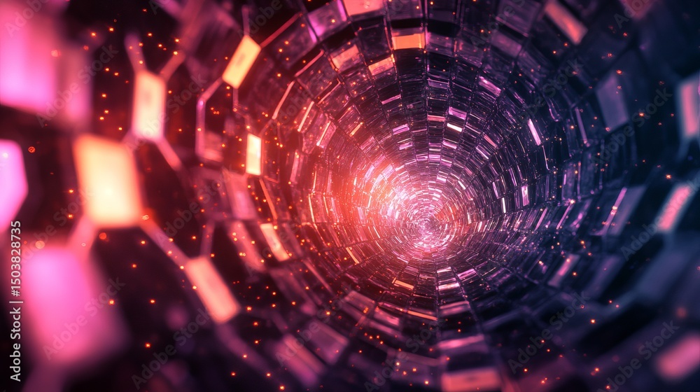 Fototapeta premium Abstract tunnel with glowing pink and orange lights and hexagonal shapes receding into the distance