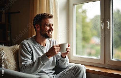 Smiling man in pajamas enjoys morning coffee by window. Guy relaxes at home in bed. Casual attire, indoor lifestyle scene. Morning wake up routine, cozy, comfortable leisure time.