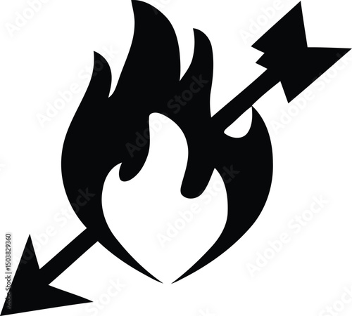 Black and white silhouette of flaming arrow symbol conceptualizing passion heat or love on isolated white background