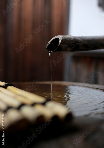 Water dripping from bamboo pipe into stone basin in japanese garden