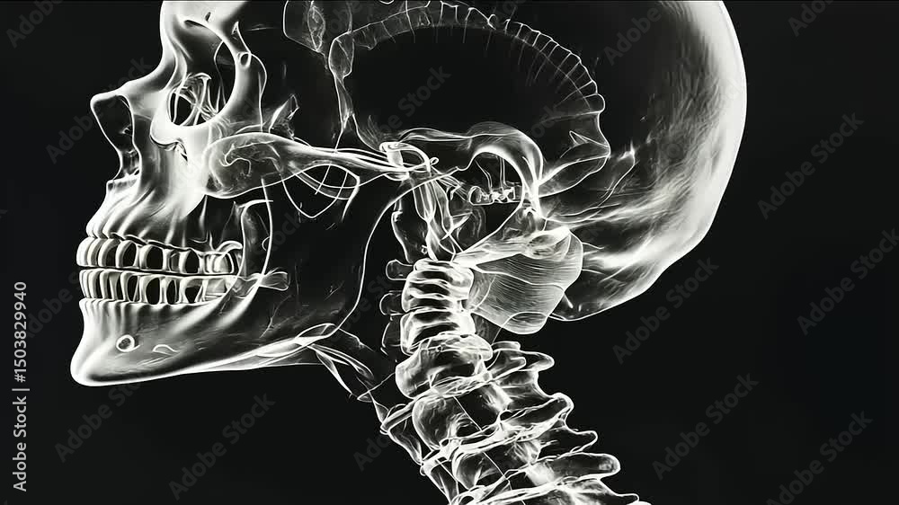 X-ray image of a human skull and cervical spine highlighting anatomical ...