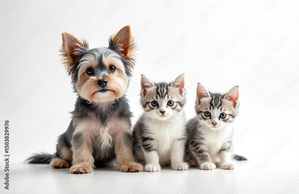 Obraz premium Adorable illustration features Yorkshire Terrier dog, two cute kittens on white background. Ideal for pet shop banner. Perfect image for veterinary clinic, pet food ads. Smiling animals friends look