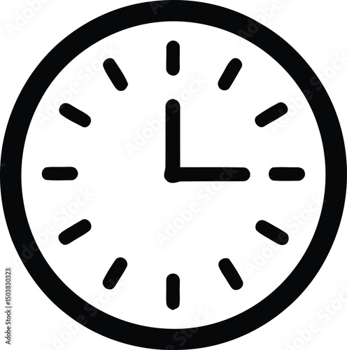 Simple black and white clock icon illustrating time and punctuality for design projects and concept graphics