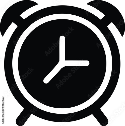 A classic alarm clock icon in solid black and white design illustrating time punctuality punctual schedules and timeliness for educational and business applications
