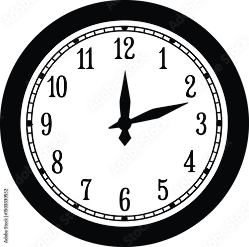 Classic black and white clock face vector illustration showing two oclock with hour and minute hands inside circular frame against white background