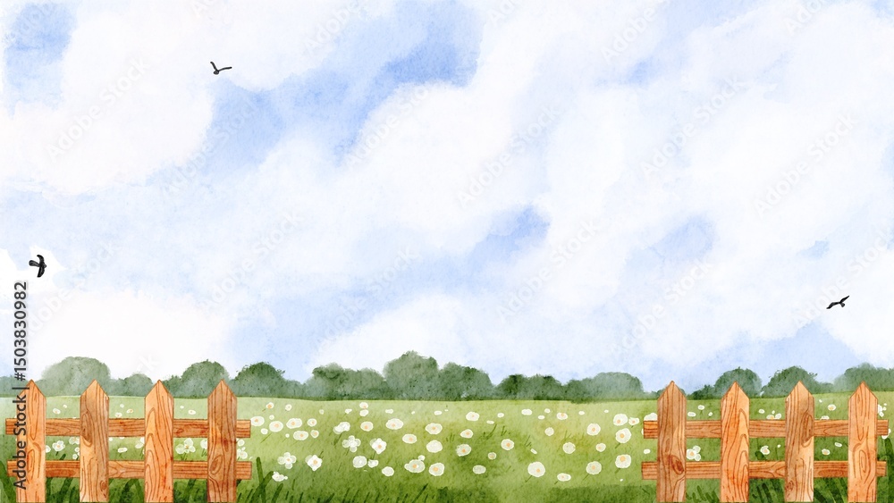 Obraz premium Sunny day watercolor landscape background with green field and wooden fence. Nature scenery illustration suited for invitation card, and presentation design.